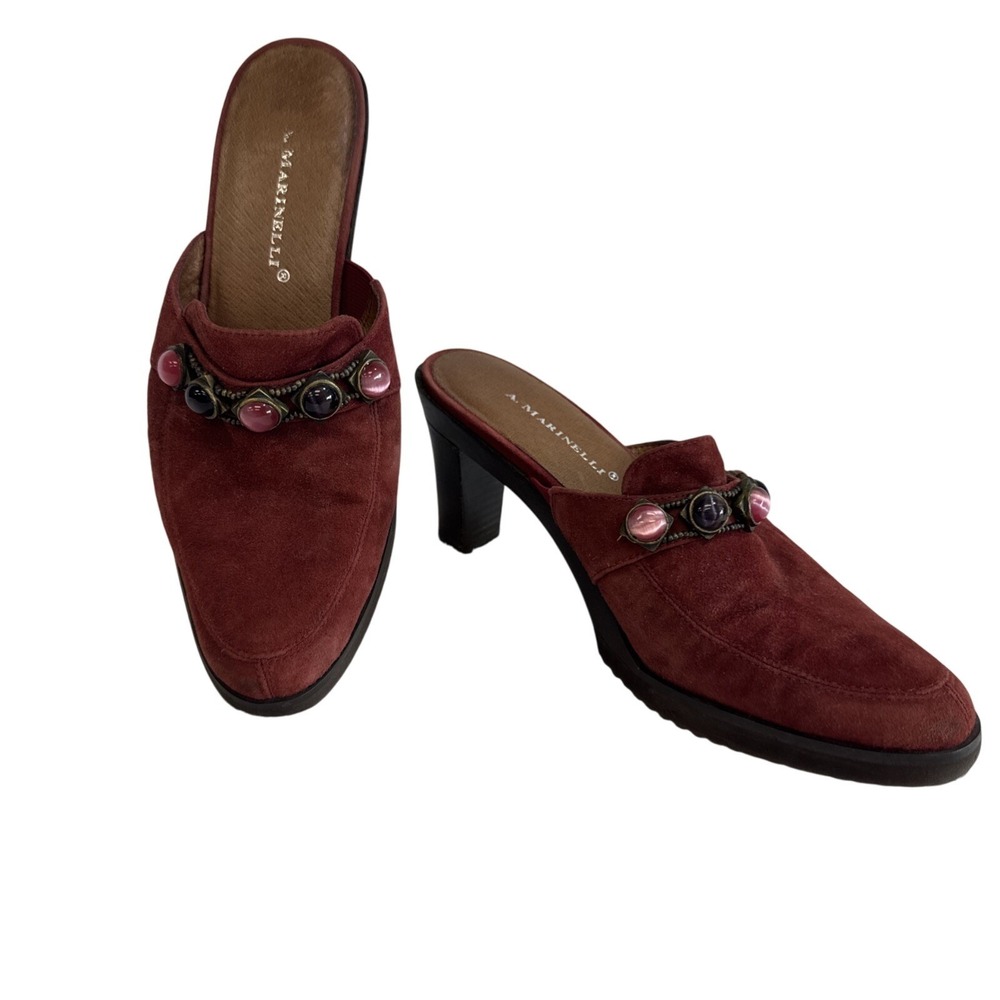 A. Marinelli Suede Mules Heels 7.5 Jeweled Embellishment.‎ Retro Chic!